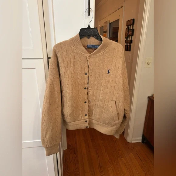 Polo Ralph Lauren Cable Knit Wool Cashmere Bomber Jacket in Collection Camel - Picture 4 of 10